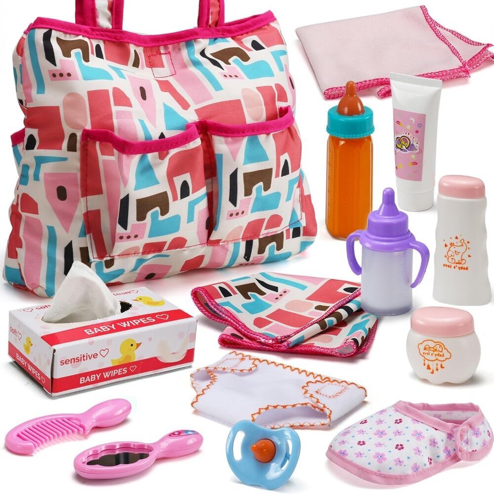 🆕 Baby Doll Play Set Pink Feeding Diaper Bag Magic Bottle Changing Mat Toddler